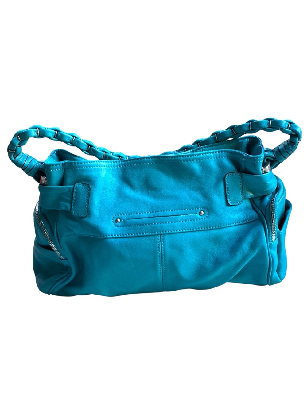 B. Makowsky Aqua Blue Braided Strap Soft Leather Satchel Shoulder Bag - Picture 5 of 10